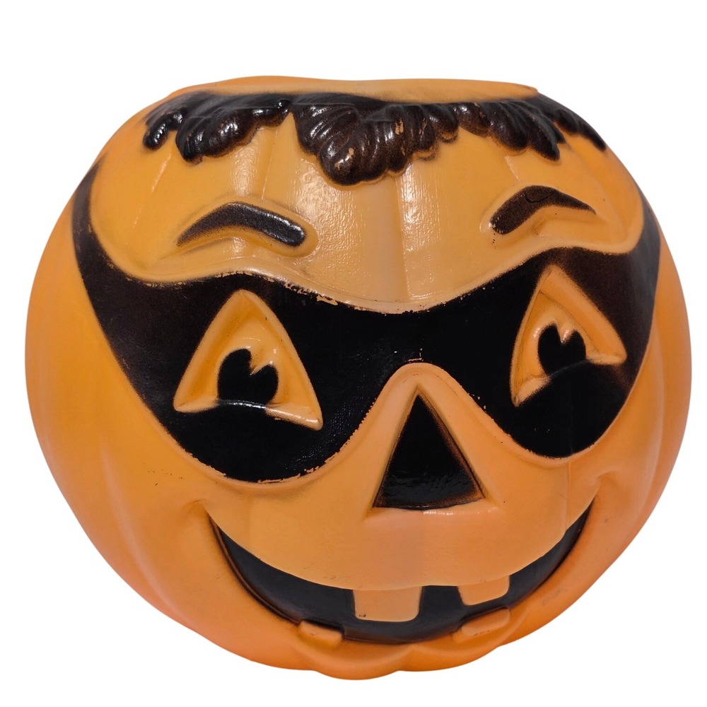 Vintage Masked Jack-O-Lantern Halloween Blow Mold Pumpkin Decoration 9 inch